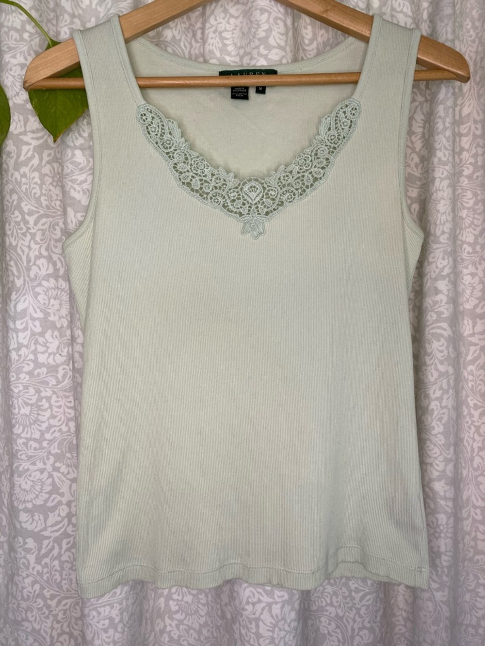 Lauren Ralph Lauren — Ribbed 100% Cotton Tank with Lace Trim Mint Blue